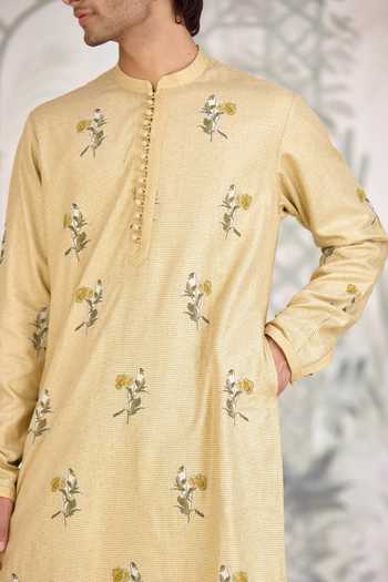 Buy_Shyam Narayan Prasad_Yellow Silk, Cotton Applique Print Kurta And Pant Set 