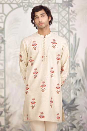 Shop_Shyam Narayan Prasad_Ivory Silk Applique Printed Bhagalpuri Kurta And Pant Set _Online_at_Aza_Fashions