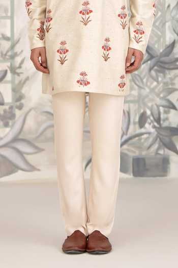 Shyam Narayan Prasad_Red Silk Applique Bhagalpuri Kurta Set With Waistcoat _Online_at_Aza_Fashions