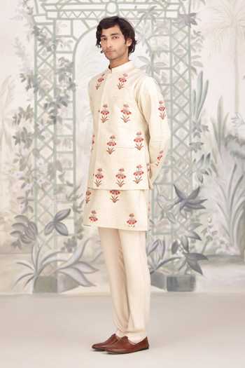 Buy_Shyam Narayan Prasad_Red Silk Applique Bhagalpuri Kurta Set With Waistcoat _Online_at_Aza_Fashions