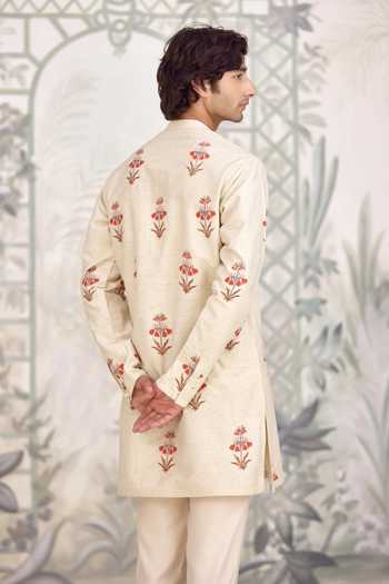 Shop_Shyam Narayan Prasad_Red Silk Applique Bhagalpuri Kurta Set With Waistcoat _Online_at_Aza_Fashions