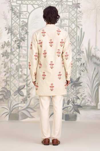 Shop_Shyam Narayan Prasad_Red Silk Applique Bhagalpuri Kurta Set With Waistcoat 