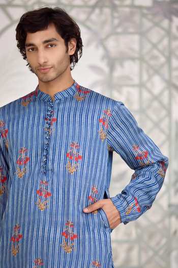 Shop_Shyam Narayan Prasad_Blue Cotton Satin Printed Kurta And Pant Set _Online_at_Aza_Fashions
