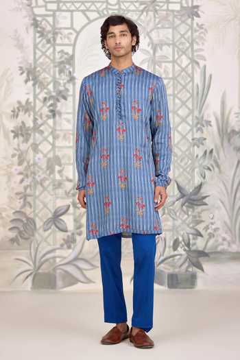 Buy_Shyam Narayan Prasad_Blue Cotton Satin Printed Bundi Kurta Set _Online_at_Aza_Fashions