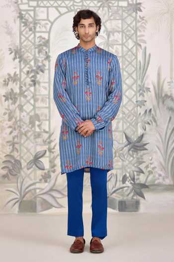Shyam Narayan Prasad_Blue Cotton Satin Printed Bundi Kurta Set _at_Aza_Fashions