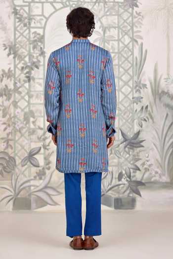 Buy_Shyam Narayan Prasad_Blue Cotton Satin Printed Bundi Kurta Set 