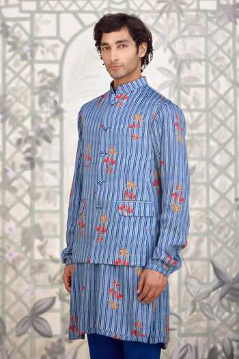 Shop_Shyam Narayan Prasad_Blue Cotton Satin Printed Bundi Kurta Set 