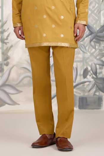 Shyam Narayan Prasad_Mustard Silk, Brocade Zari Kurta Set _Online_at_Aza_Fashions