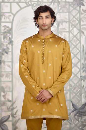 Buy_Shyam Narayan Prasad_Mustard Silk, Brocade Zari Kurta Set _Online_at_Aza_Fashions