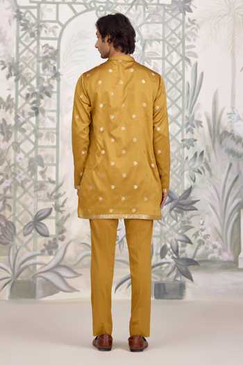 Shop_Shyam Narayan Prasad_Mustard Silk, Brocade Zari Kurta Set _Online_at_Aza_Fashions