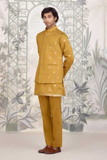 Buy_Shyam Narayan Prasad_Mustard Silk, Brocade Zari Kurta Set 