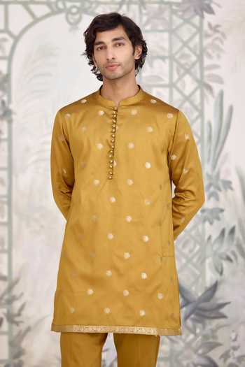 Shop_Shyam Narayan Prasad_Mustard Silk, Brocade Zari Kurta Set 