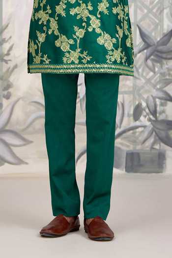Shyam Narayan Prasad_Green Chanderi Silk Applique Embroidered Kurta And Pant Set _Online_at_Aza_Fashions