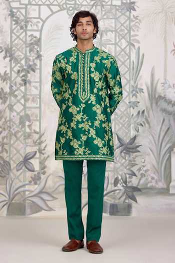 Buy_Shyam Narayan Prasad_Green Chanderi Silk Applique Embroidered Kurta And Pant Set _Online_at_Aza_Fashions