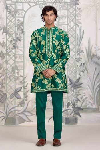 Shop_Shyam Narayan Prasad_Green Chanderi Silk Applique Embroidered Kurta And Pant Set _Online_at_Aza_Fashions