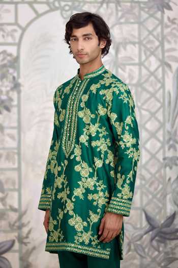 Shyam Narayan Prasad_Green Chanderi Silk Applique Embroidered Kurta And Pant Set _at_Aza_Fashions