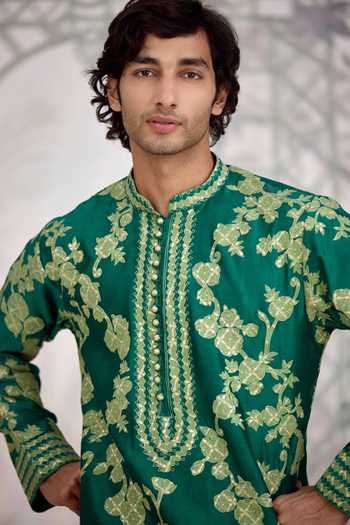 Buy_Shyam Narayan Prasad_Green Chanderi Silk Applique Embroidered Kurta And Pant Set 