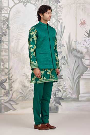 Buy_Shyam Narayan Prasad_Green Chanderi Silk Applique Kurta Set _Online_at_Aza_Fashions