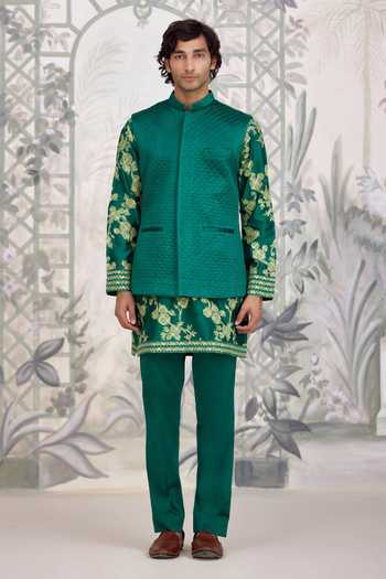 Shop_Shyam Narayan Prasad_Green Chanderi Silk Applique Kurta Set _Online_at_Aza_Fashions