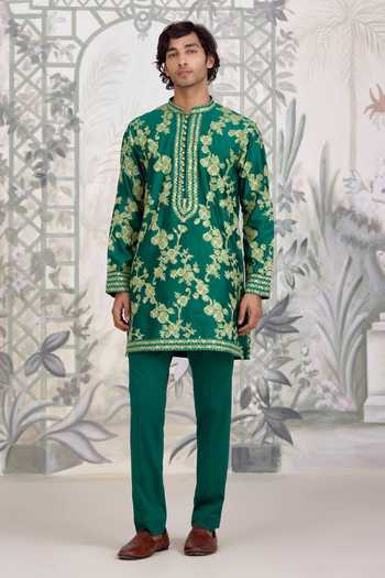Shyam Narayan Prasad_Green Chanderi Silk Applique Kurta Set _at_Aza_Fashions
