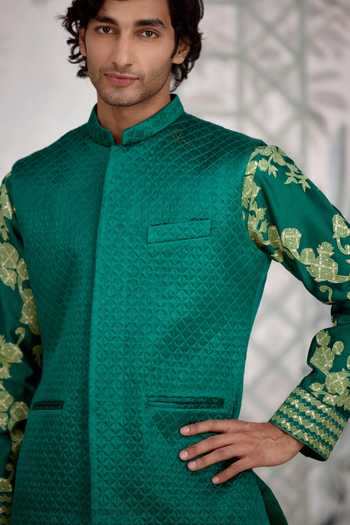 Shop_Shyam Narayan Prasad_Green Chanderi Silk Applique Kurta Set 