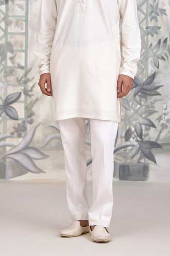 Shyam Narayan Prasad_White Silk, Cotton Plain Kurta And Pant Set _Online_at_Aza_Fashions