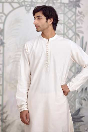 Buy_Shyam Narayan Prasad_White Silk, Cotton Plain Kurta And Pant Set _Online_at_Aza_Fashions