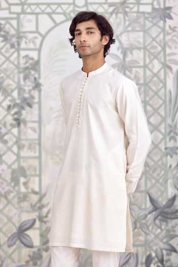 Shop_Shyam Narayan Prasad_White Silk, Cotton Plain Kurta And Pant Set _Online_at_Aza_Fashions