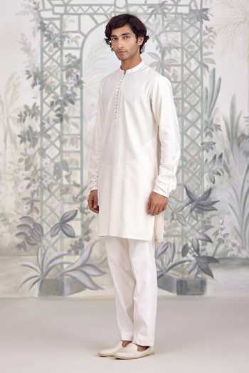 Shyam Narayan Prasad_White Silk, Cotton Plain Kurta And Pant Set _at_Aza_Fashions