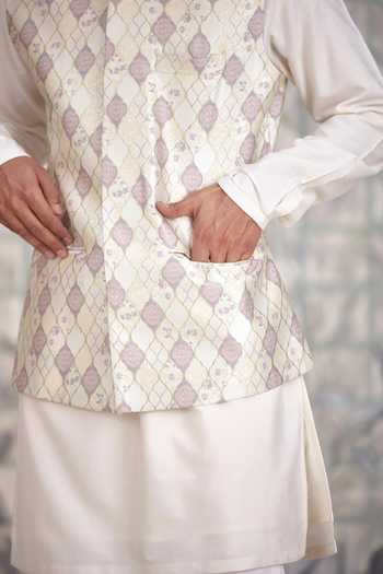 Shyam Narayan Prasad_White Silk, Cotton, Brocade Kurta Set _Online_at_Aza_Fashions