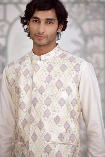 Buy_Shyam Narayan Prasad_White Silk, Cotton, Brocade Kurta Set _Online_at_Aza_Fashions