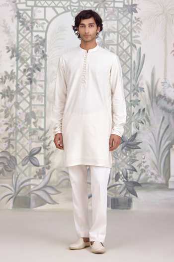 Shop_Shyam Narayan Prasad_White Silk, Cotton, Brocade Kurta Set _Online_at_Aza_Fashions