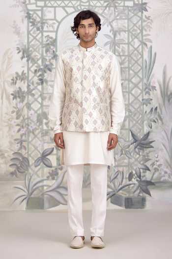 Shop_Shyam Narayan Prasad_White Silk, Cotton, Brocade Kurta Set 