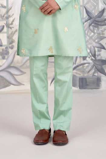 Shyam Narayan Prasad_Green Silk, Cotton Applique Embroidered Kurta And Pant Set _Online_at_Aza_Fashions