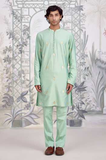 Buy_Shyam Narayan Prasad_Green Silk, Cotton Applique Embroidered Kurta And Pant Set _Online_at_Aza_Fashions