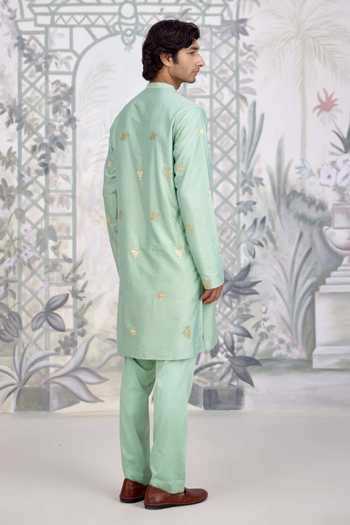 Shop_Shyam Narayan Prasad_Green Silk, Cotton Applique Embroidered Kurta And Pant Set _Online_at_Aza_Fashions
