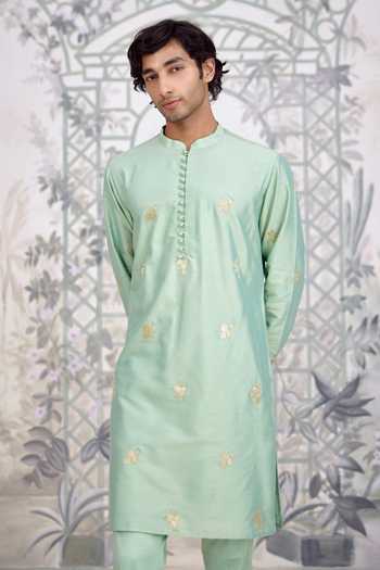 Shyam Narayan Prasad_Green Silk, Cotton Applique Embroidered Kurta And Pant Set _at_Aza_Fashions