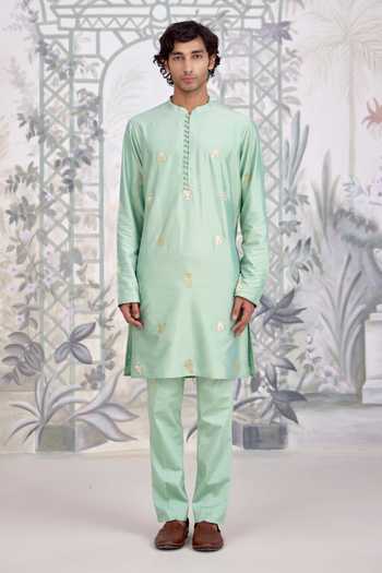 Buy_Shyam Narayan Prasad_Green Silk, Cotton, Brocade Zari, Applique And Bundi Kurta Set _Online_at_Aza_Fashions