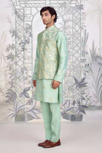 Shop_Shyam Narayan Prasad_Green Silk, Cotton, Brocade Zari, Applique And Bundi Kurta Set _Online_at_Aza_Fashions