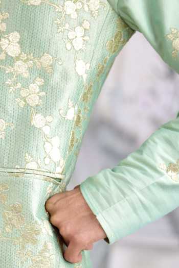 Shyam Narayan Prasad_Green Silk, Cotton, Brocade Zari, Applique And Bundi Kurta Set _at_Aza_Fashions