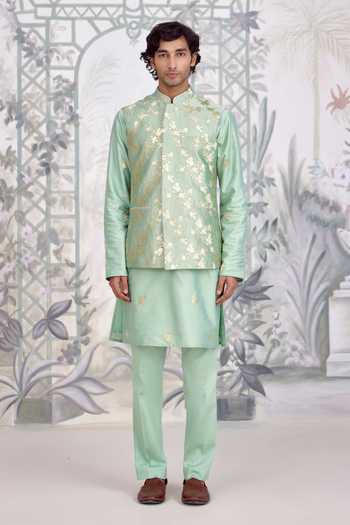 Buy_Shyam Narayan Prasad_Green Silk, Cotton, Brocade Zari, Applique And Bundi Kurta Set 
