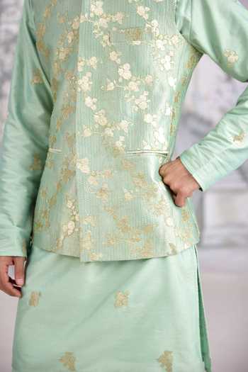 Shop_Shyam Narayan Prasad_Green Silk, Cotton, Brocade Zari, Applique And Bundi Kurta Set 