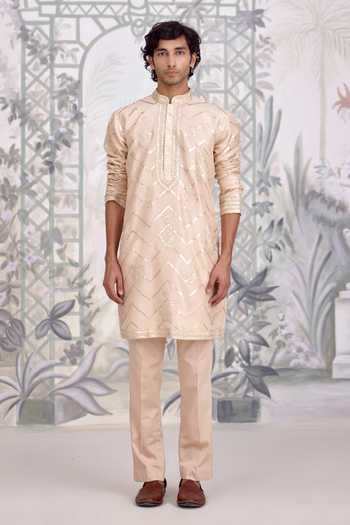 Buy_Shyam Narayan Prasad_Gold Silk, Viscose Applique Lurex Kurta And Pant Set _Online_at_Aza_Fashions