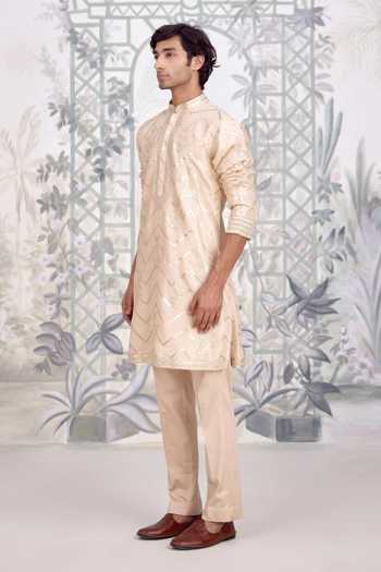 Shop_Shyam Narayan Prasad_Gold Silk, Viscose Applique Lurex Kurta And Pant Set _Online_at_Aza_Fashions