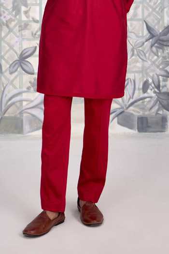 Shyam Narayan Prasad_Maroon Silk, Cotton Kurta And Pant Set _Online_at_Aza_Fashions