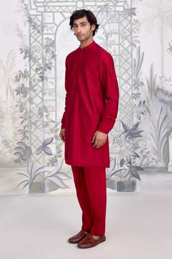 Shop_Shyam Narayan Prasad_Maroon Silk, Cotton Kurta And Pant Set _Online_at_Aza_Fashions