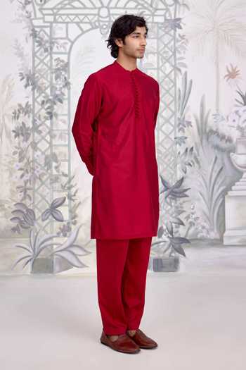 Buy_Shyam Narayan Prasad_Maroon Silk, Cotton Kurta And Pant Set 