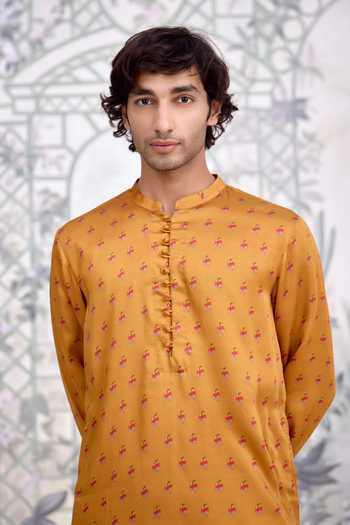 Shop_Shyam Narayan Prasad_Mustard Cotton Satin Printed Kurta And Pant Set _Online_at_Aza_Fashions