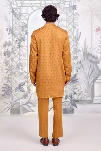 Shop_Shyam Narayan Prasad_Mustard Cotton Satin Embroidery Waistcoat Kurta Set _Online_at_Aza_Fashions