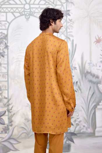 Shyam Narayan Prasad_Mustard Cotton Satin Embroidery Waistcoat Kurta Set _at_Aza_Fashions